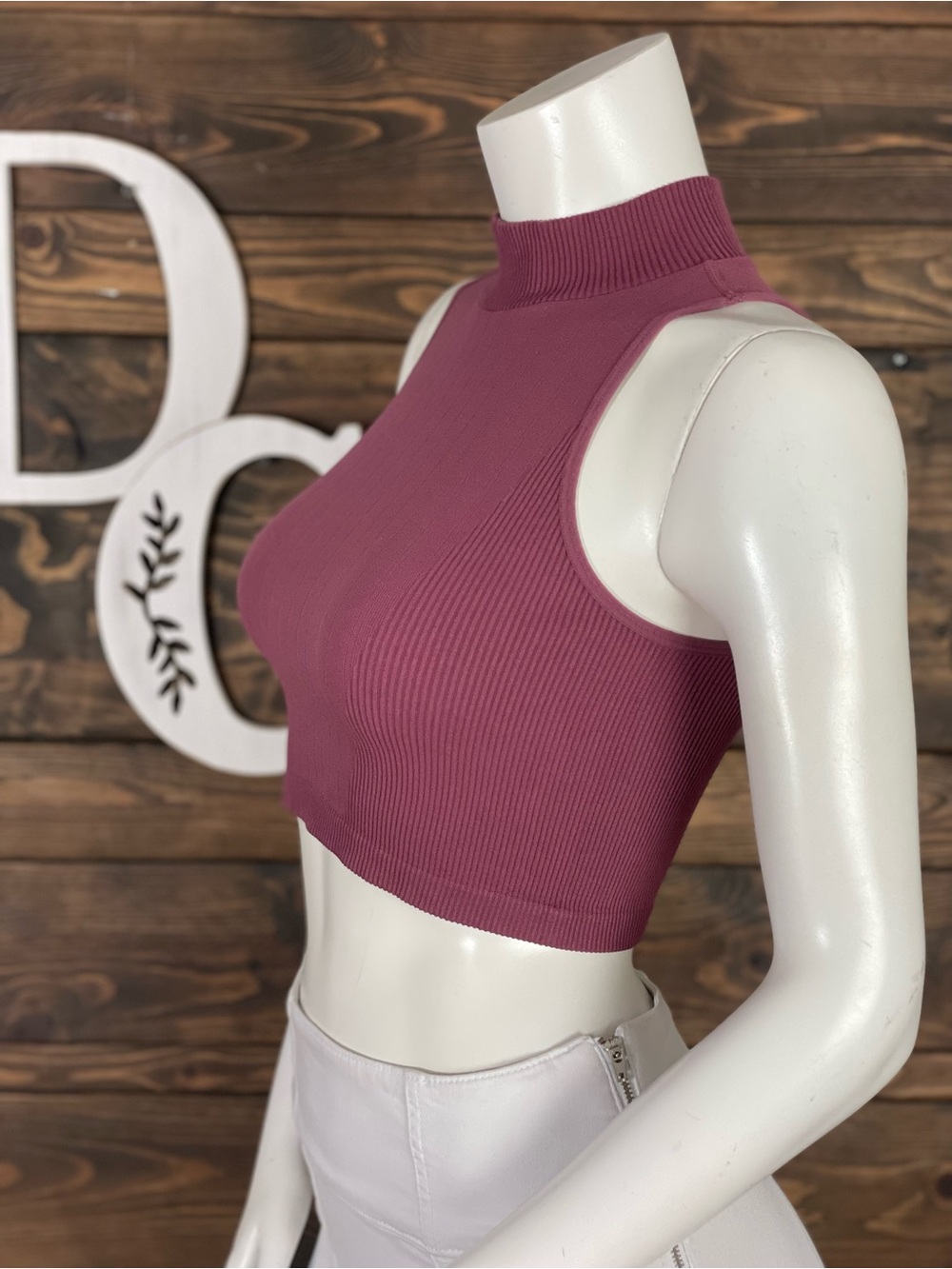 Bozzolo Ribbed Mock Neck Crop Top Mauve Pink Purple Sleeveless SM71865 - Picture 3 of 7